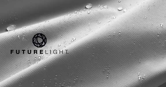 White fabric with water droplets and FUTURELIGHT logo in foreground